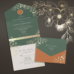 Vintage Elegant Gold and Green Wedding All In One Invitation