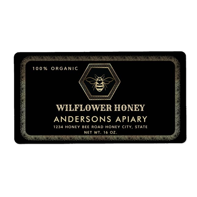 Vintage elegant gold black bee honey jar (Front)