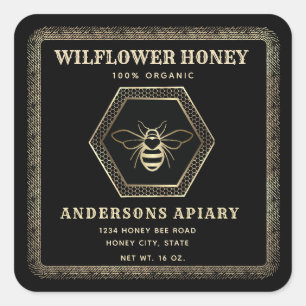 Vintage elegant gold black bee honey jar square sticker
