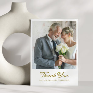 Vintage Elegant Golden Script Photo Wedding Thank You Card