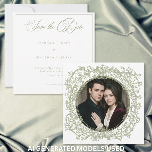 Vintage Elegant Green Crest Garden Photo Wedding Save The Date