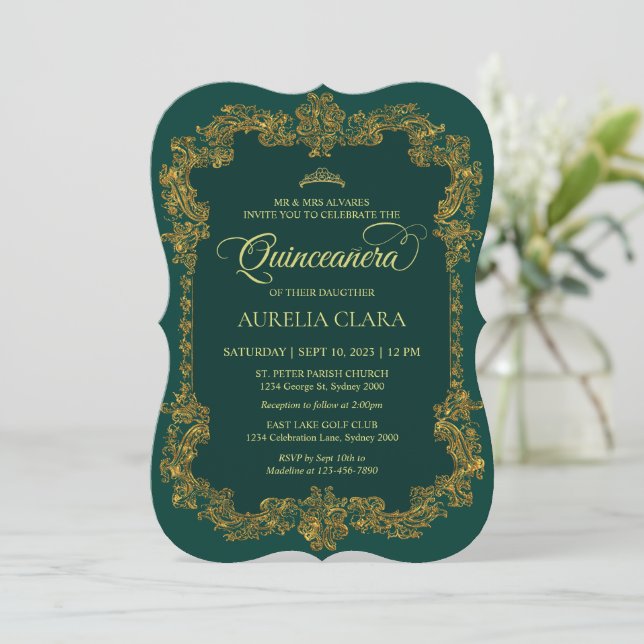 Vintage Elegant Green Gold Tiara Quinceanera Invitation (Standing Front)