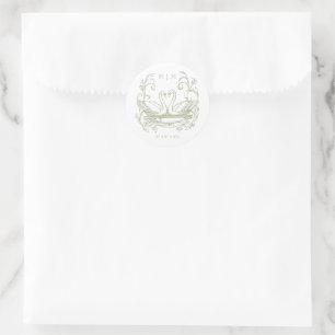 Vintage Elegant Green Swan Crest Garden Wedding Classic Round Sticker