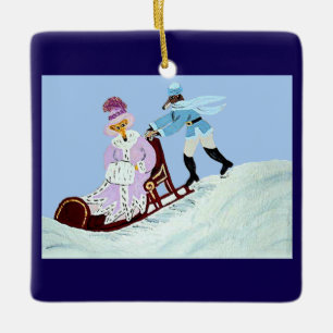 Vintage Elegant Greyhound Couple with Sleigh Ceramic Ornament