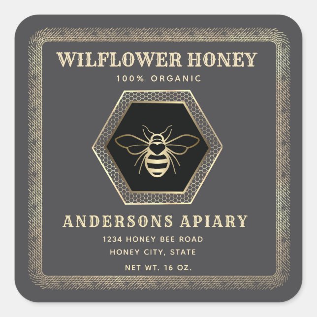 Vintage elegant hexagon bee honey jar square sticker (Front)