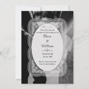 Vintage Elegant Lace Border Dark Navy Wedding Invitation