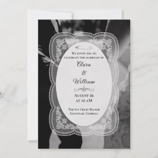 Vintage Elegant Lace Border Dark Navy Wedding Invitation
