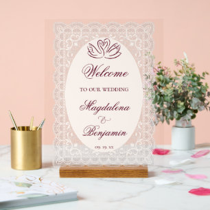 Vintage Elegant Lace Frame Burgundy Swans Wedding Acrylic Sign