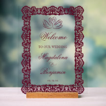 Vintage Elegant Lace Frame Burgundy Swans Wedding