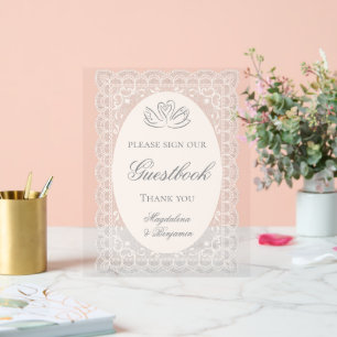 Vintage Elegant Lace Swans Calligraphy Wedding Acrylic Sign