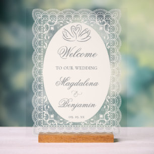 Vintage Elegant Lace Swans Calligraphy Wedding Acrylic Sign