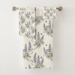 Vintage Elegant Lupine & Bees Botanical Pattern – Bath Towel Set