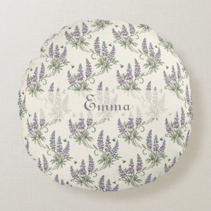 Vintage Elegant Lupine & Bees Botanical Pattern – Round Cushion