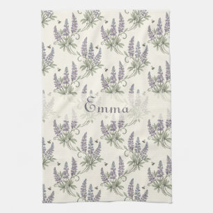 Vintage Elegant Lupine & Bees Botanical Pattern – Tea Towel