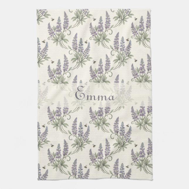 Vintage Elegant Lupine & Bees Botanical Pattern –  Tea Towel (Vertical)