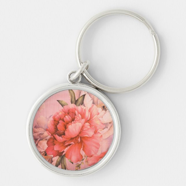 Vintage Elegant Miniature Flower Painting Heart Key Ring (Front)