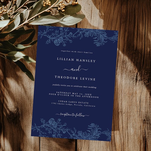 Vintage Elegant Navy Floral Leaf Wedding   Invitation (Creator Uploaded)