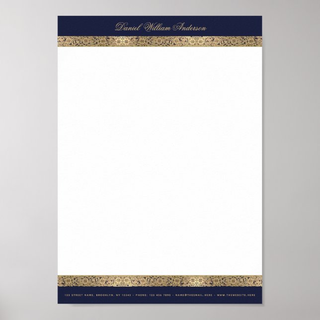 Vintage Elegant Navy & Gold A4 Letterhead Download Poster (Front)