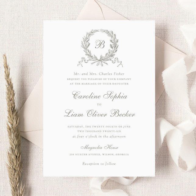 Vintage Elegant Olive Oak Wreath Monogram Wedding Invitation (Creator Uploaded)