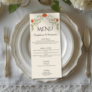 Vintage Elegant Orange Art Nouveau Floral Wedding Menu