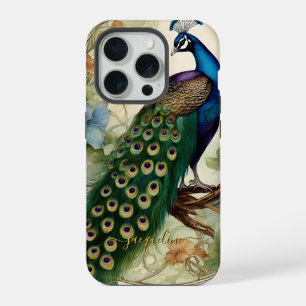 Vintage Elegant Peacock Feathers Art Nouveau Name iPhone 15 Pro Case
