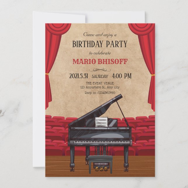 Vintage elegant piano stage birthday invitation (Front)