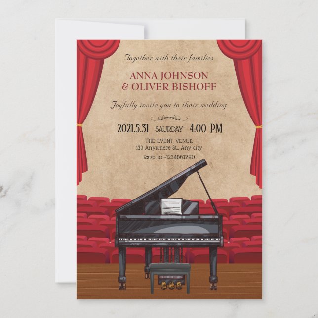 Vintage elegant piano wedding invitation (Front)