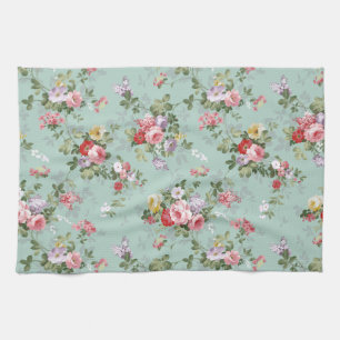 Vintage Elegant Pink Red Roses Pattern Tea Towel