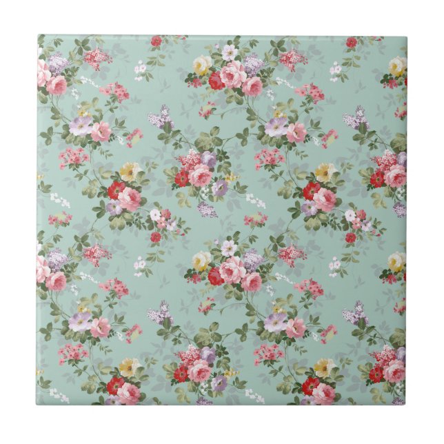Vintage Elegant Pink Red Roses Pattern Tile (Front)