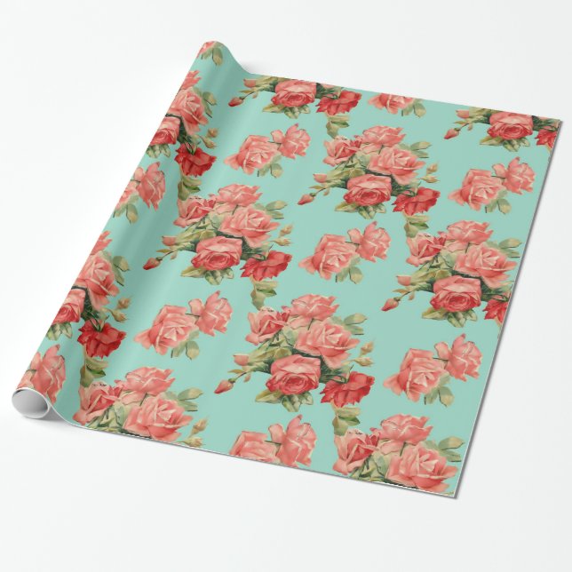 Vintage Elegant Pink Red Roses Pattern Wrapping Paper (Unrolled)