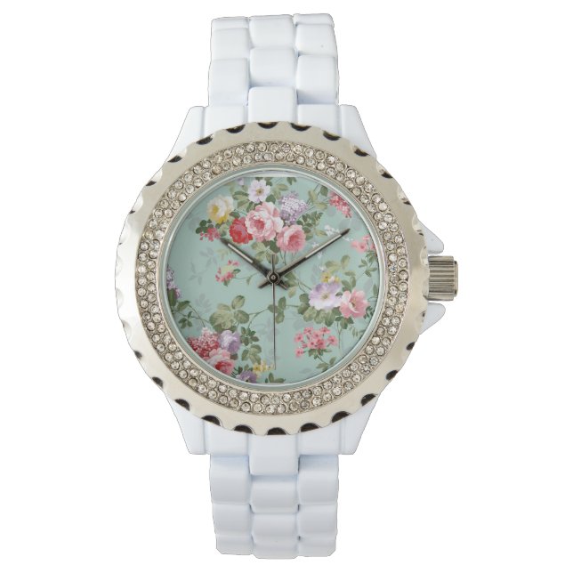 Vintage Elegant Pink Red Yellow Roses Pattern Watch (Front)