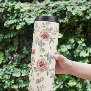 Vintage elegant pink rose floral decoupage stylish thermal tumbler