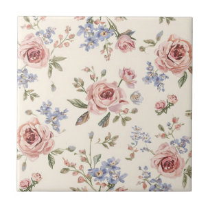 Vintage elegant pink rose floral decoupage tile