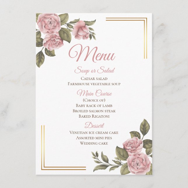 Vintage Elegant Pink Rose Floral Wedding Menu (Front)