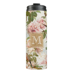 Vintage Elegant Pink Rose Peony Floral Monogram Thermal Tumbler