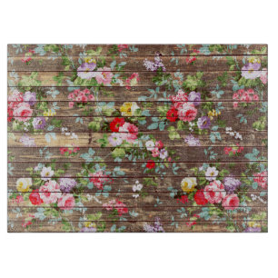 Vintage Elegant Pink Roses Brown Wood Photo Print Cutting Board