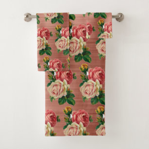 Vintage Elegant Pink Roses Floral Rose Gold Bath Towel Set