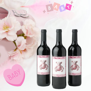 Vintage Elegant Pink Toile Teddy Bear Celebration Wine Label