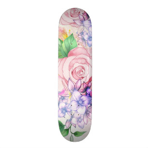 Vintage elegant pink watercolor trendy flowers skateboard
