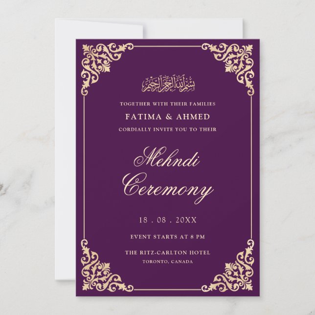 Vintage Elegant Purple Gold Script Mehndi Ceremony Invitation (Front)