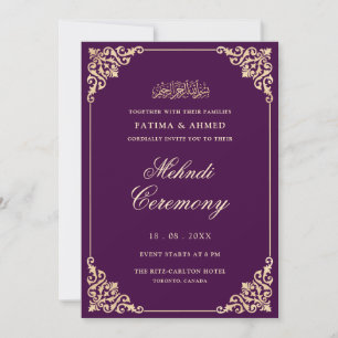 Vintage Elegant Purple Gold Script Mehndi Ceremony Invitation