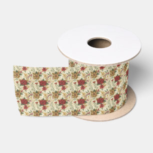 Vintage Elegant Red & Gold Poinsettia Floral Satin Ribbon