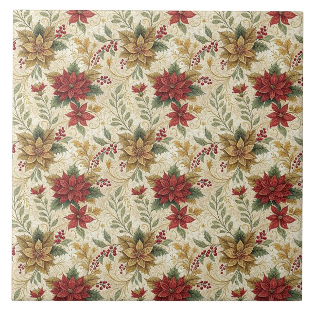 Vintage Elegant Red & Gold Poinsettia Floral Tile (Front)