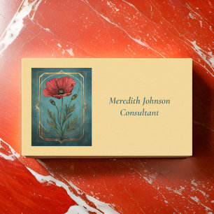 Vintage Elegant Red Poppy and Teal Green Floral Business Card