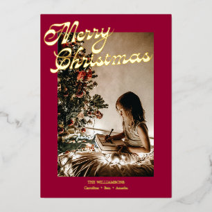 Vintage Elegant Red Script Christmas Photo Gold Foil Holiday Card