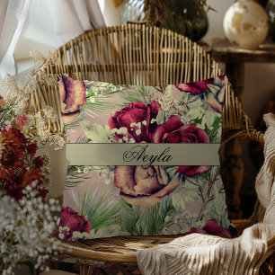 Vintage Elegant Roses And Pine On Wood  Cushion
