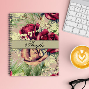 Vintage Elegant Roses And Pine On Wood Notebook