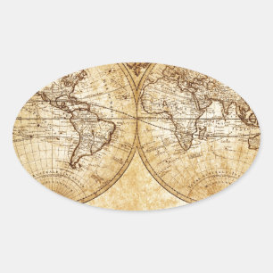Vintage,elegant,rustic globe, atlas map brownish oval sticker