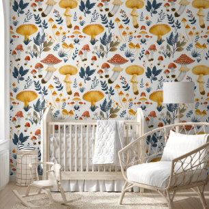 Vintage Elegant Rustic Mushroom Garden Fabric Wallpaper