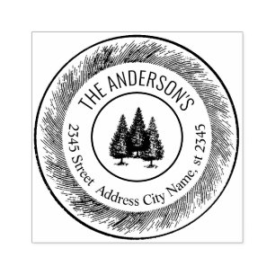 Vintage elegant rustic trees round family name rubber stamp